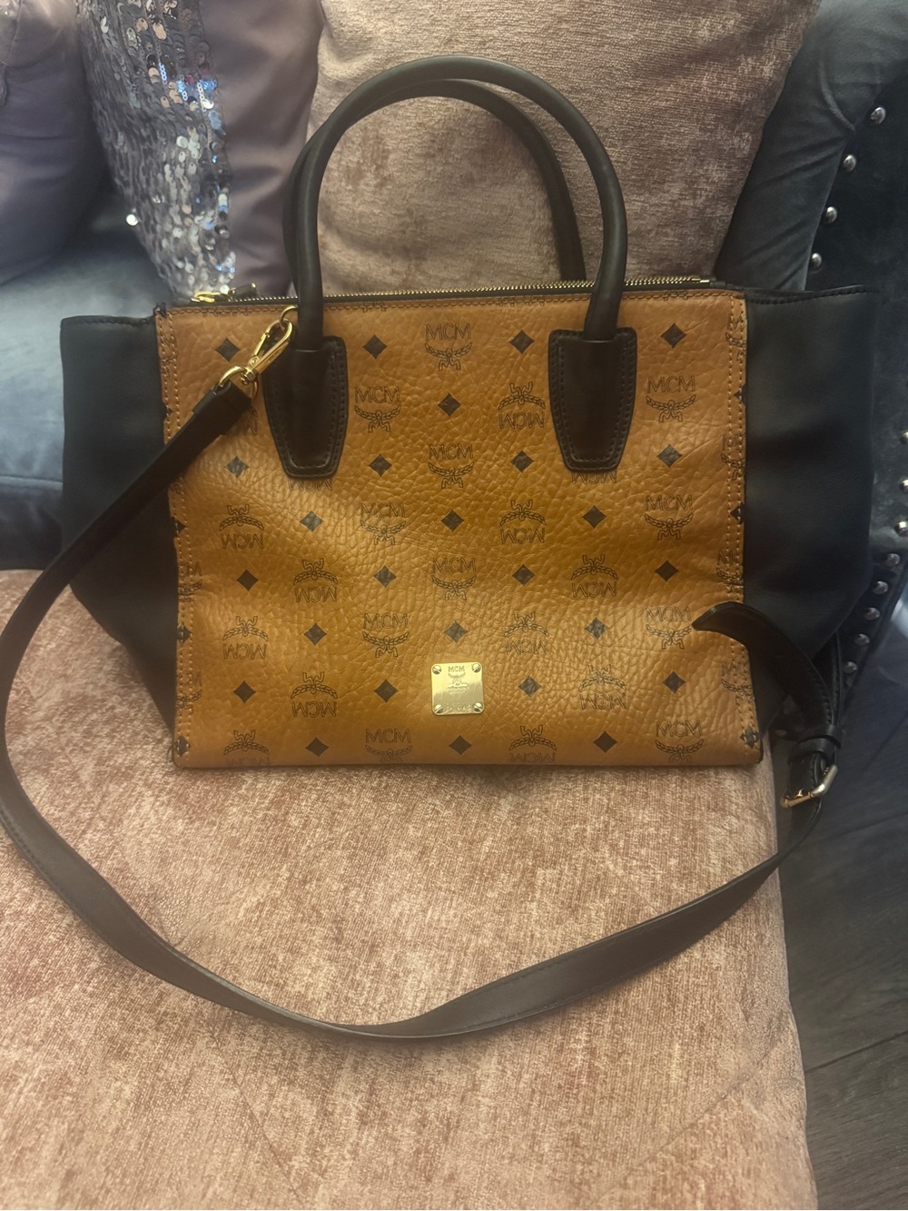MCM Cognac Visetos Satchel with Black Trim and Strap